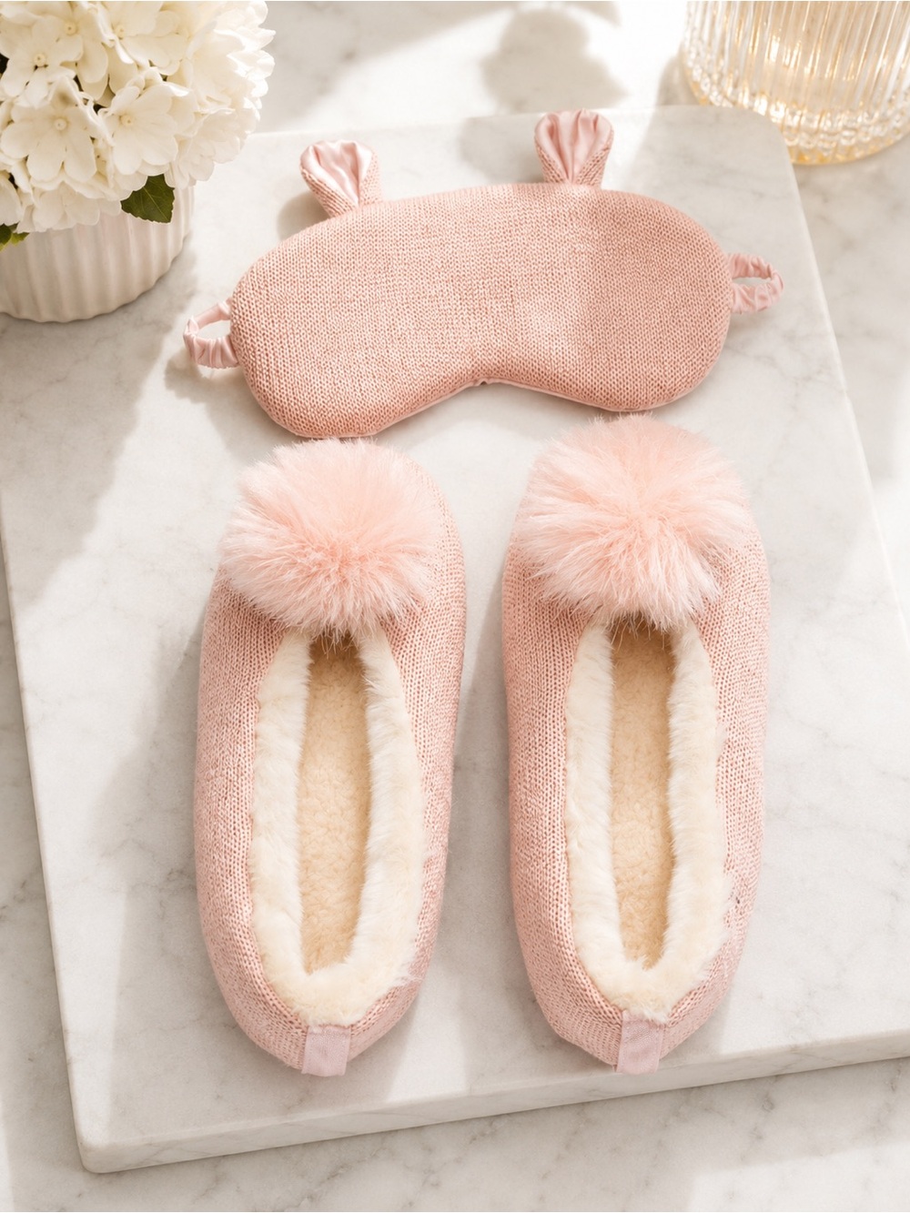 LC Lauren Conrad Pink Pom Pom Slipper & Sleep Mask Set XL 11 Cozy Spa NWT